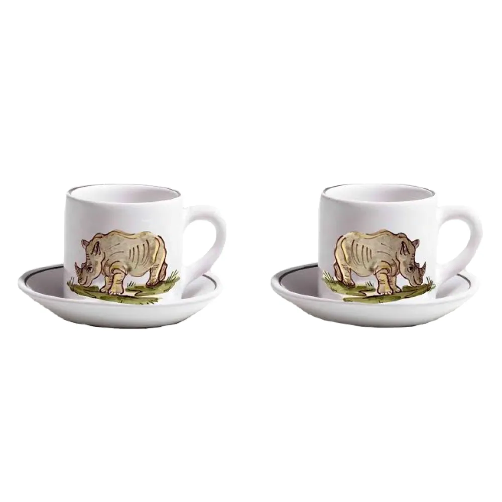 Z.d.G. Dinnerware|Animaux de la Savane Pair of Espresso Cups & Saucers, Rhino