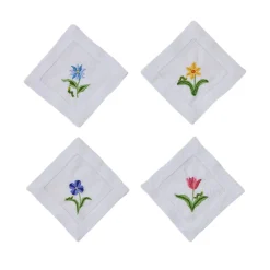 Catherine Owen Design Place Settings & Linens|Assorted Flower & Inch Worm Linen Cocktail Napkins, Set of 4