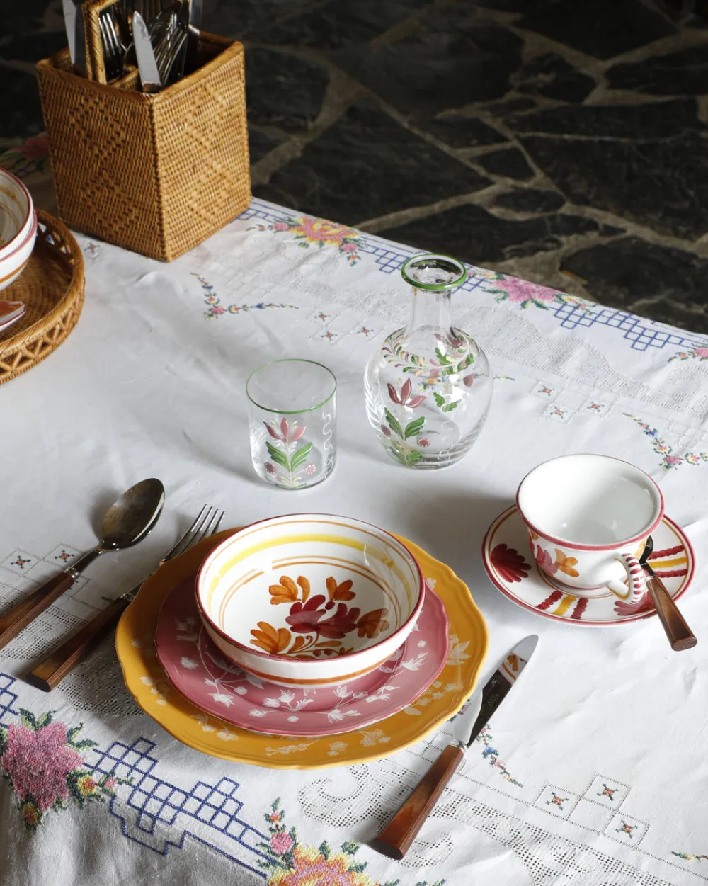 Cabana Dinnerware|Blossom Teacup and Saucer in Burgundy