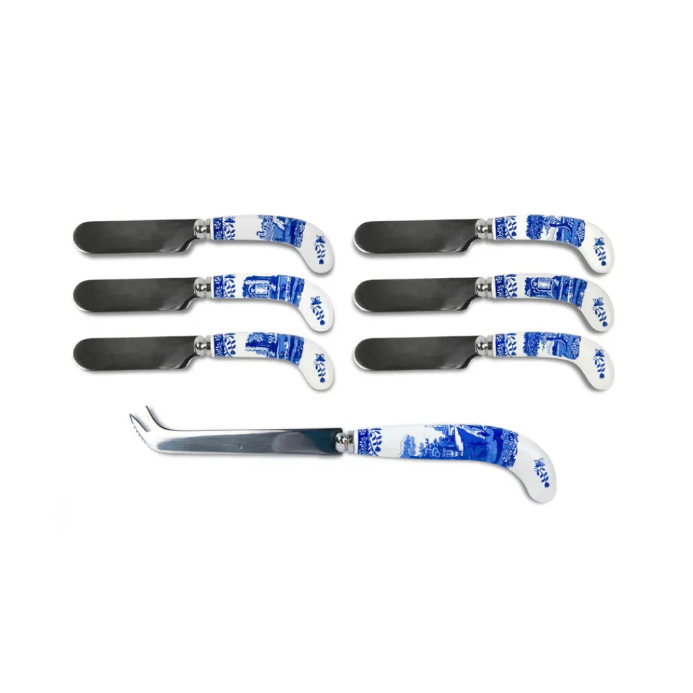 Spode Flatware|Blue Italian Cheese Knife with 6 Spreaders