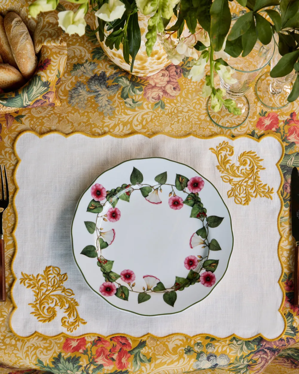 Cabana Place Settings & Linens|Botanica Embroidered Placemat in Yellow