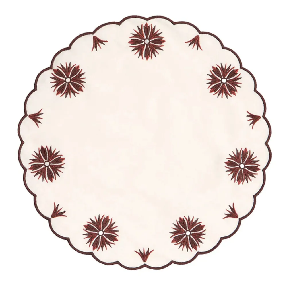 Cabana Place Settings & Linens|Botanica Embroidered Round Placemat Terracotta White/Burgundy