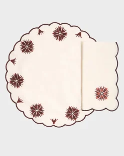 Cabana Place Settings & Linens|Botanica Embroidered Round Placemat Terracotta White/Burgundy