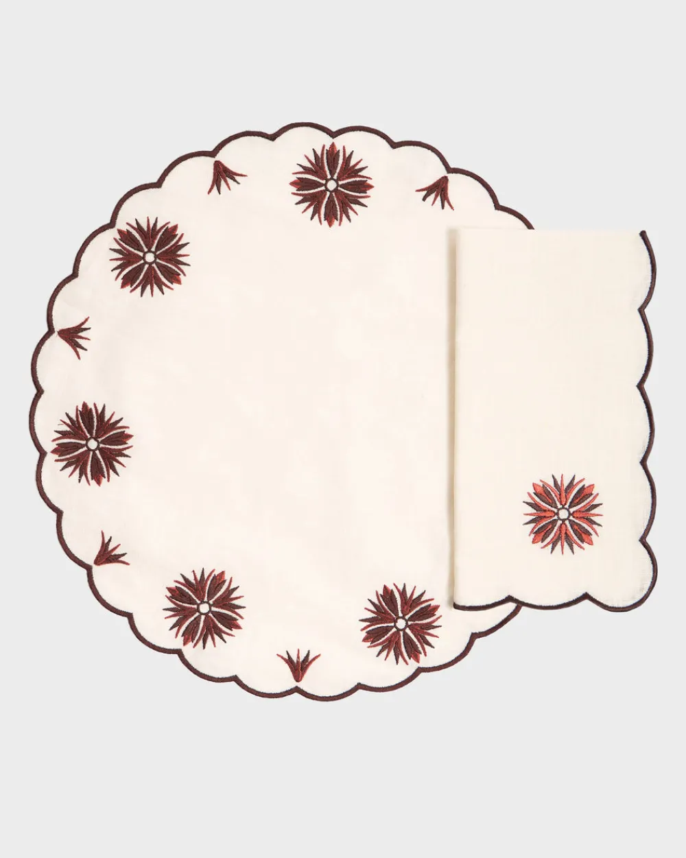 Cabana Place Settings & Linens|Botanica Embroidered Round Placemat Terracotta White/Burgundy