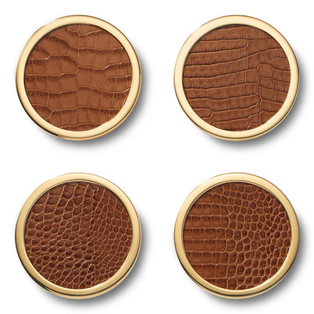 AERIN Dinnerware|Classic Croc Leather Coasters in Chestnut, Set of 4
