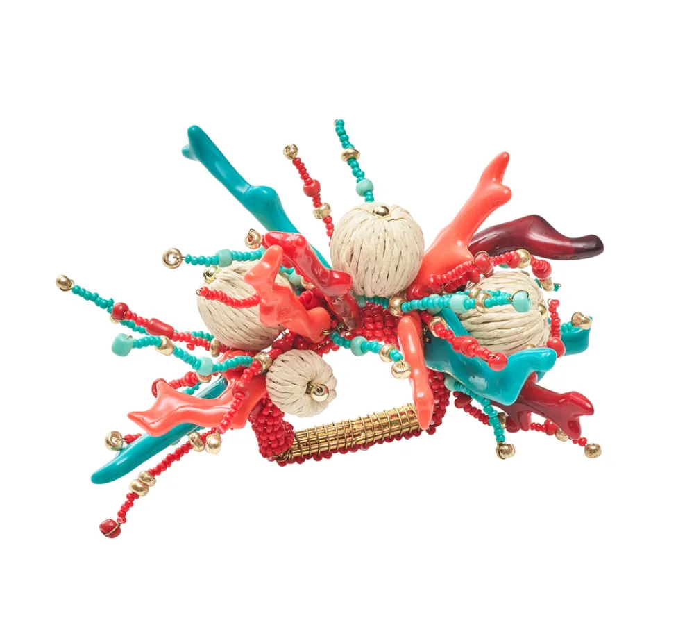 Kim Seybert Place Settings & Linens|Coral Spray Napkin Ring in Natural, Coral & Turquoise, Set of 4