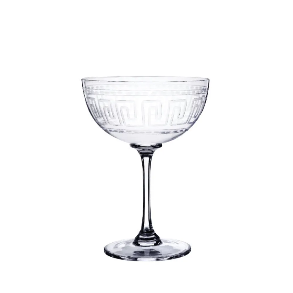 The Vintage List Glassware|Crystal Champagne Saucers with Greek Key Design