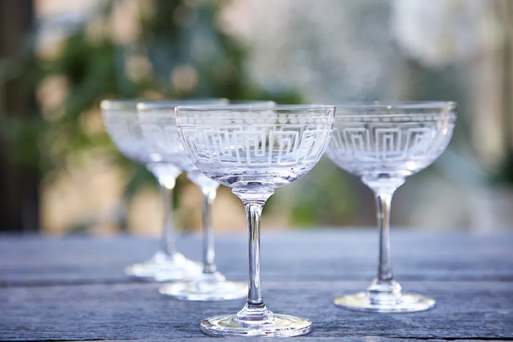The Vintage List Glassware|Crystal Champagne Saucers with Greek Key Design