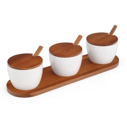 Nambe Dinnerware|Duets Triple Condiment Server with Lids & Spoons