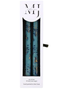 MJ Tablescapes Candles|Dusty Blue Chrysanthemum Hand Painted Taper Candles Set of Two