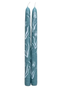 MJ Tablescapes Candles|Dusty Blue Tulip Hand-Painted Taper Candles, Set of Two