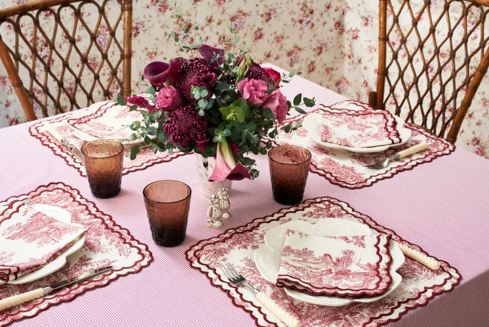 Loulou La Dune Place Settings & Linens|Elise Placemat and Napkin Set in Toile de Jouy Burgundy
