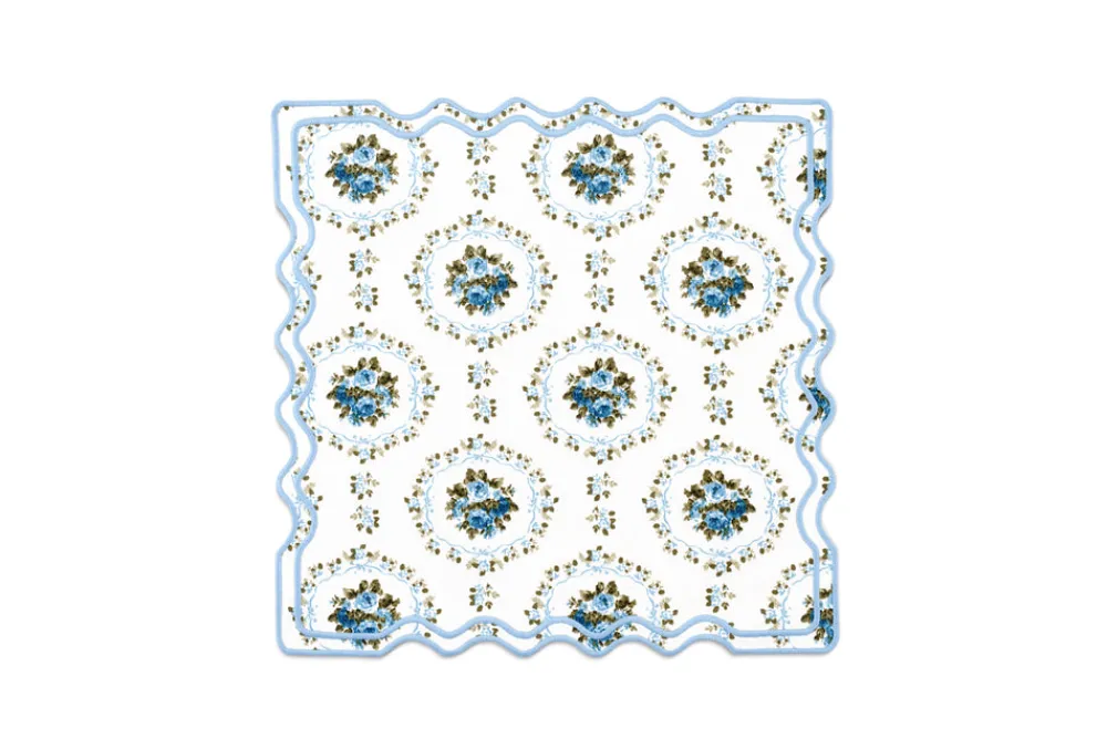 Loulou La Dune Place Settings & Linens|Elodie Placemat and Napkin Set with Bows and Florals in Green with Light Blue Embroidery