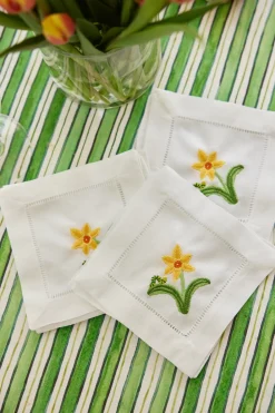 Catherine Owen Design Place Settings & Linens|Embroidered Daffodil & Inch Worm Cocktail Napkins, Set of 4