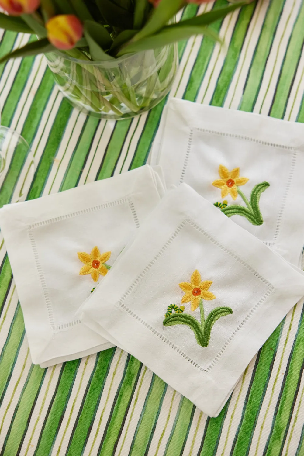 Catherine Owen Design Place Settings & Linens|Embroidered Daffodil & Inch Worm Cocktail Napkins, Set of 4