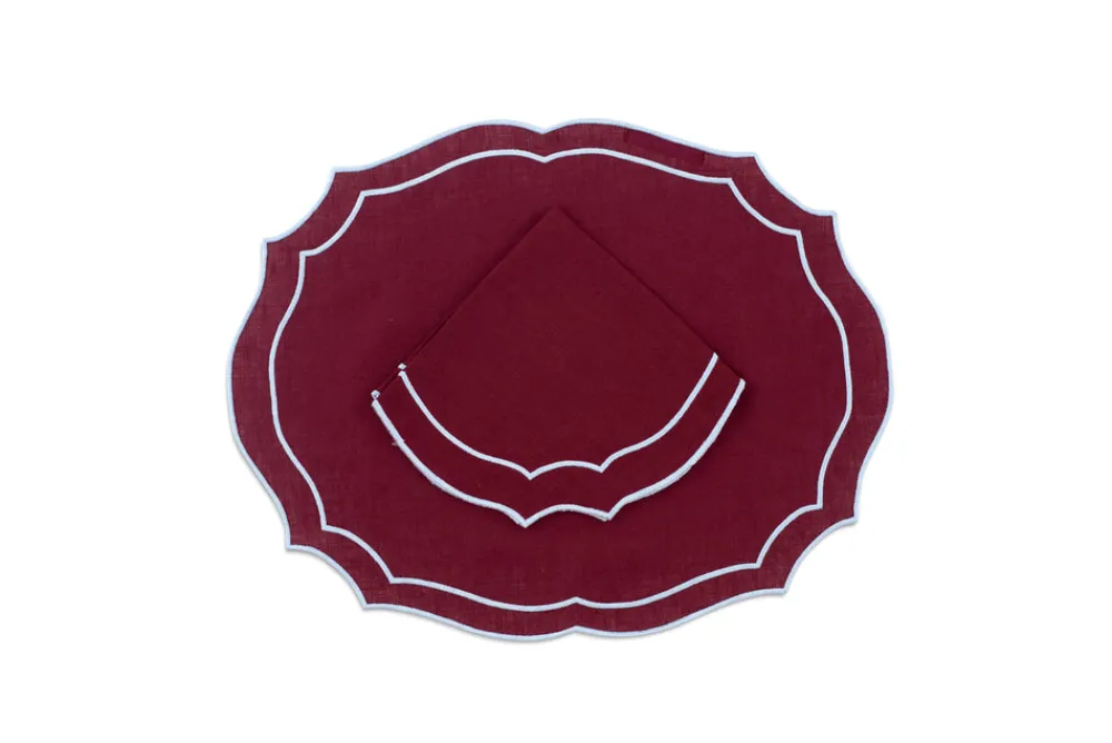 Loulou La Dune Place Settings & Linens|Emma Linen Napkin in Burgundy with Light Blue Embroidery