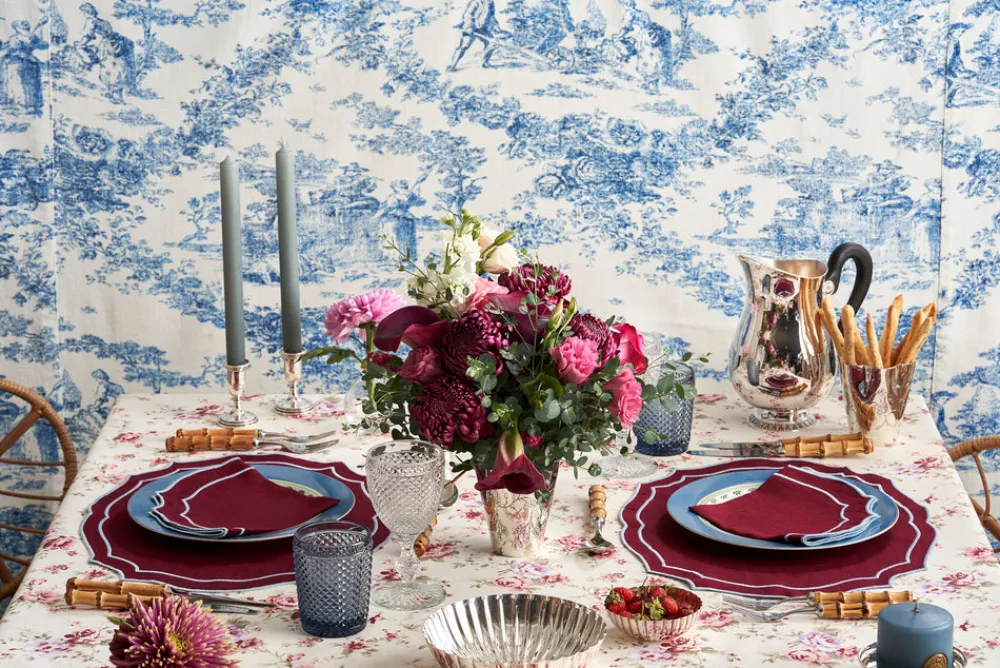 Loulou La Dune Place Settings & Linens|Emma Linen Napkin in Burgundy with Light Blue Embroidery