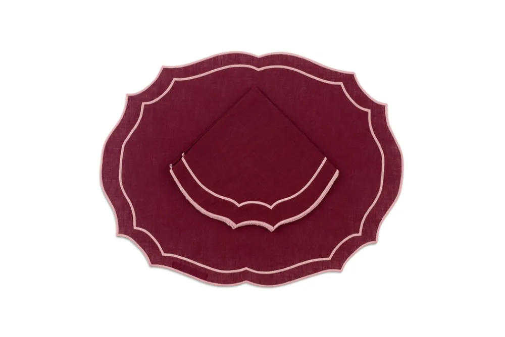 Loulou La Dune Place Settings & Linens|Emma Linen Napkin in Burgundy with Rose Embroidery