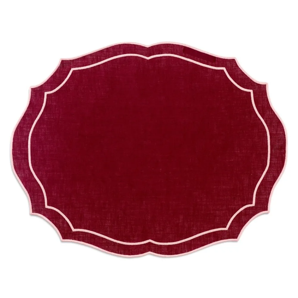 Loulou La Dune Place Settings & Linens|Emma Linen Placemat in Burgundy with Rose Embroidery