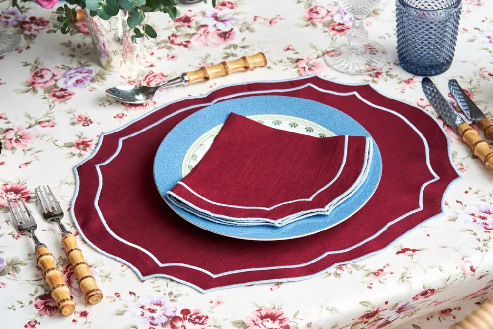 Loulou La Dune Place Settings & Linens|Emma Linen Placemat in Burgundy with Light Blue Embroidery