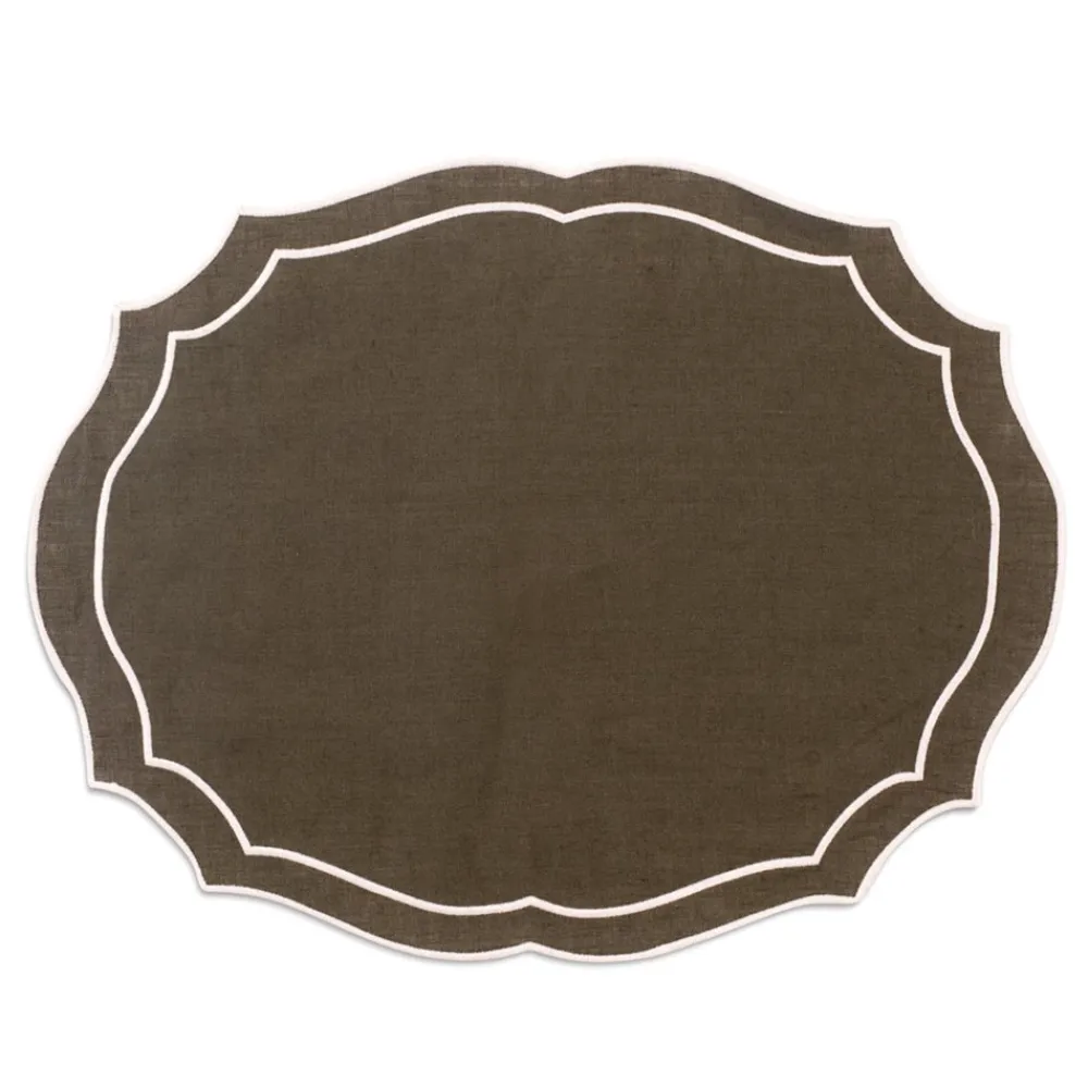 Loulou La Dune Place Settings & Linens|Emma Linen Placemat in Forest Green with Cream Embroidery