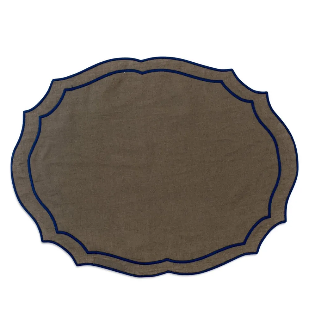 Loulou La Dune Place Settings & Linens|Emma Linen Placemat in Forest Green with Navy Embroidery