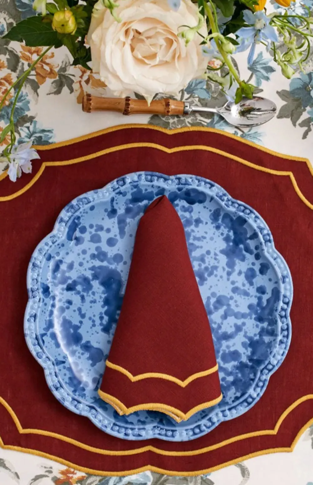 Loulou La Dune Place Settings & Linens|Emma Napkin in Brick with Mustard Embroidery