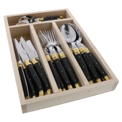 Jean Dubost Laguiole Flatware|Everyday Flatware Set in Black & Brass, Set of 24