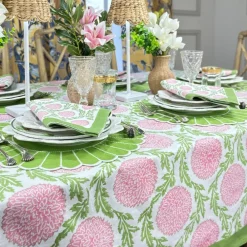 Flying Sheep Country Place Settings & Linens|Flowers & Vines Tablecloth in Pink and Green