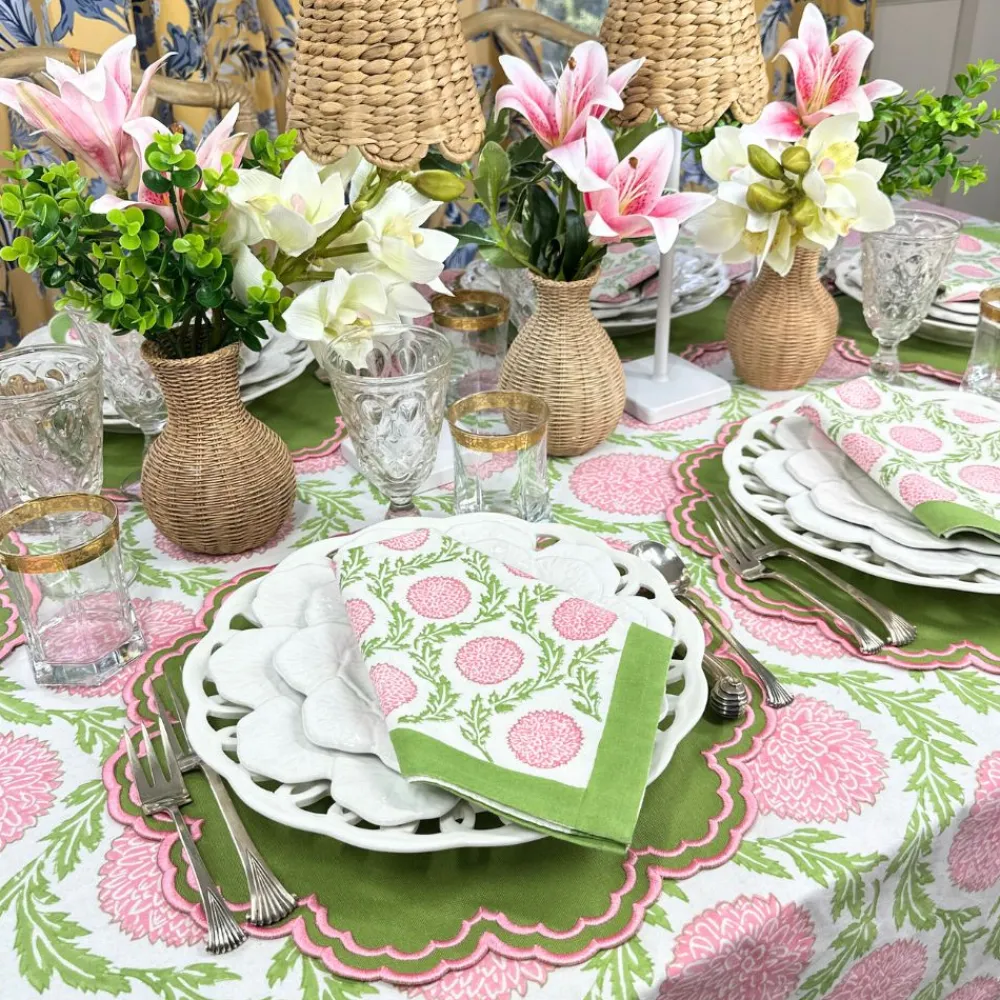 Flying Sheep Country Place Settings & Linens|Flowers & Vines Tablecloth in Pink and Green
