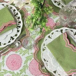 Flying Sheep Country Place Settings & Linens|Flowers & Vines Tablecloth in Pink and Green