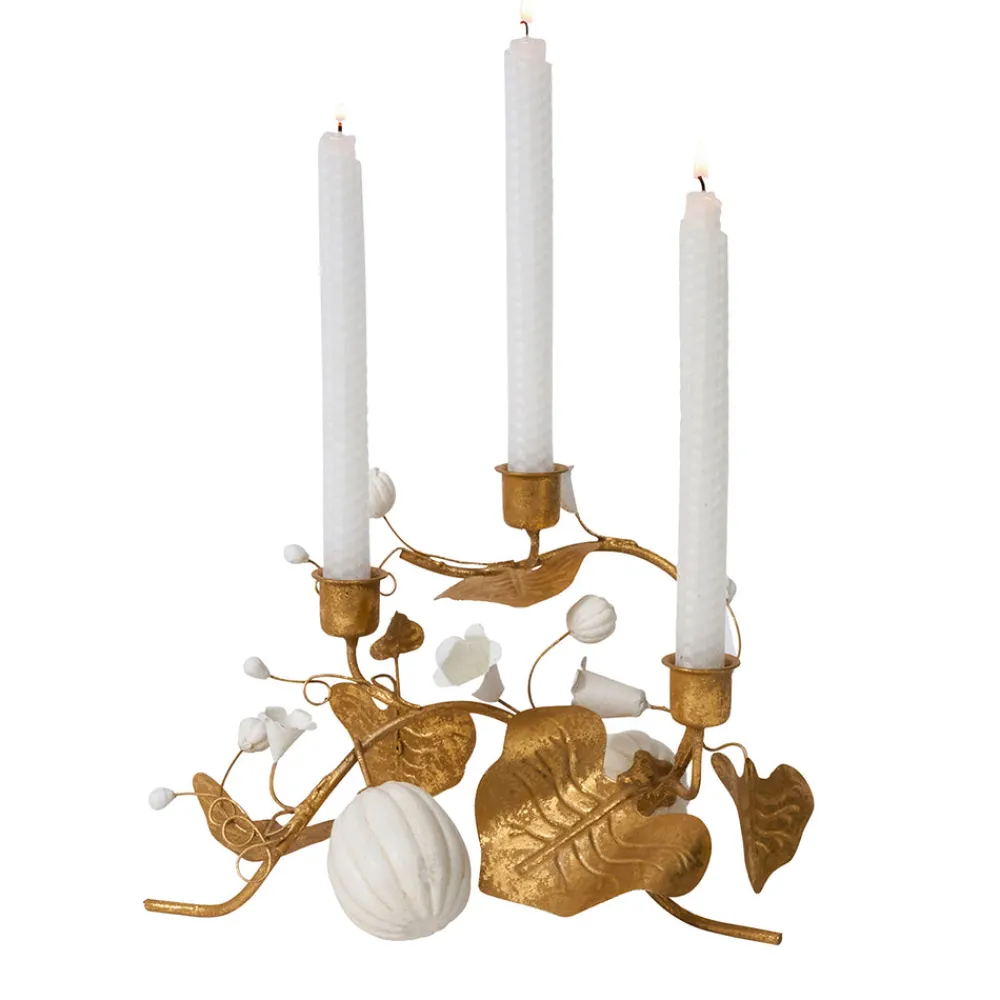 Juliska Candles|Forest Walk Pumpkin & Vine Triple Candlestick Holder in Gold