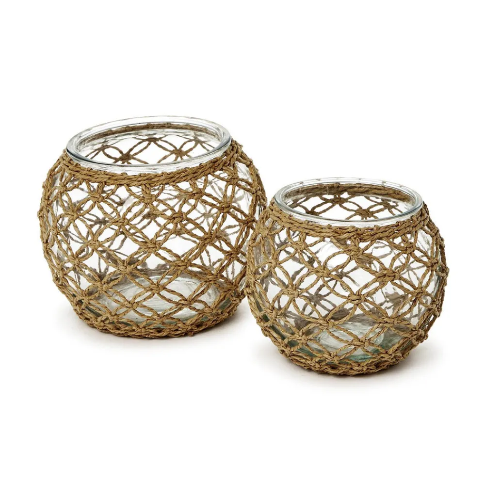 Two's Company Candles|Glass Candle Holder with Hand-Woven Paper Wrap Lattice, Set of 2