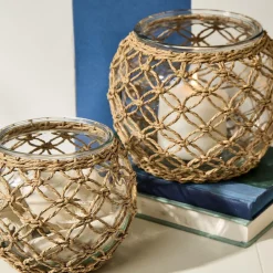 Two's Company Candles|Glass Candle Holder with Hand-Woven Paper Wrap Lattice, Set of 2