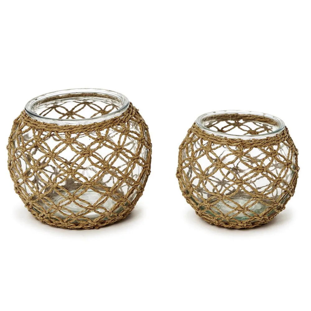 Two's Company Candles|Glass Candle Holder with Hand-Woven Paper Wrap Lattice, Set of 2