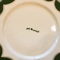 Caitlin Rounds Antiques Dinnerware|Hand-painted “Just Married” Scalloped Cake Plate