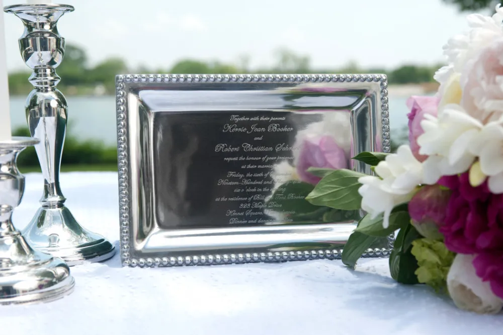 Salisbury Living|Silver|Infinity Vanity Tray with Wedding Invitation