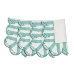 Misette Place Settings & Linens|Jardin Embroidered Linen Scalloped Stripe Napkins in Green, Set of 4