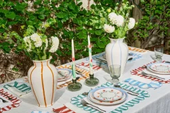 Misette Place Settings & Linens|Jardin Embroidered Linen Scalloped Stripe Napkins in Green, Set of 4