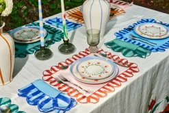 Misette Place Settings & Linens|Jardin Embroidered Linen Scalloped Stripe Napkins with Color Backing, Set of 4