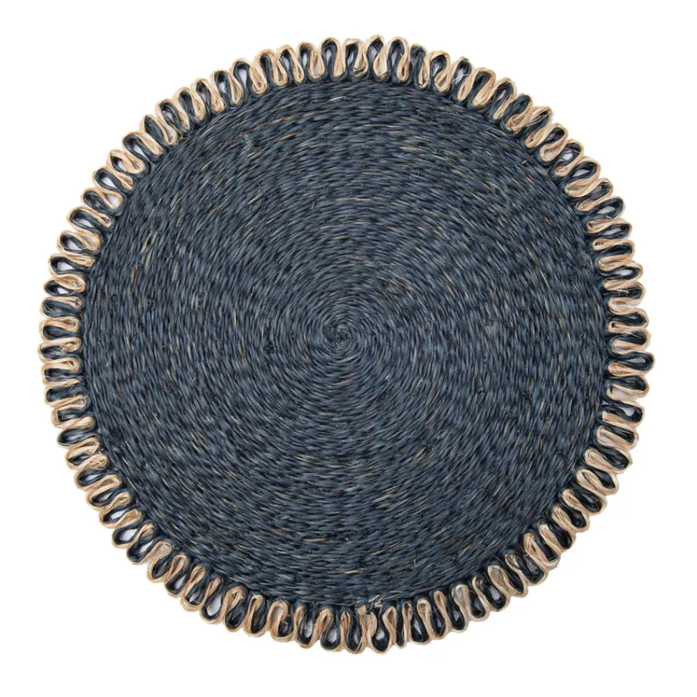 Caravan Place Settings & Linens|Loopy Abaca 15" Round Placemat in Navy & Natural, Set of 4