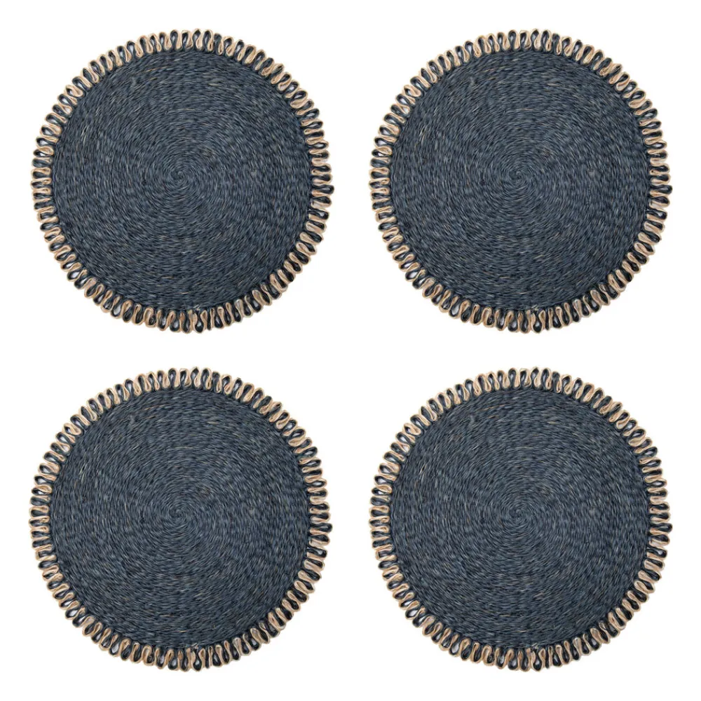 Caravan Place Settings & Linens|Loopy Abaca 15" Round Placemat in Navy & Natural, Set of 4