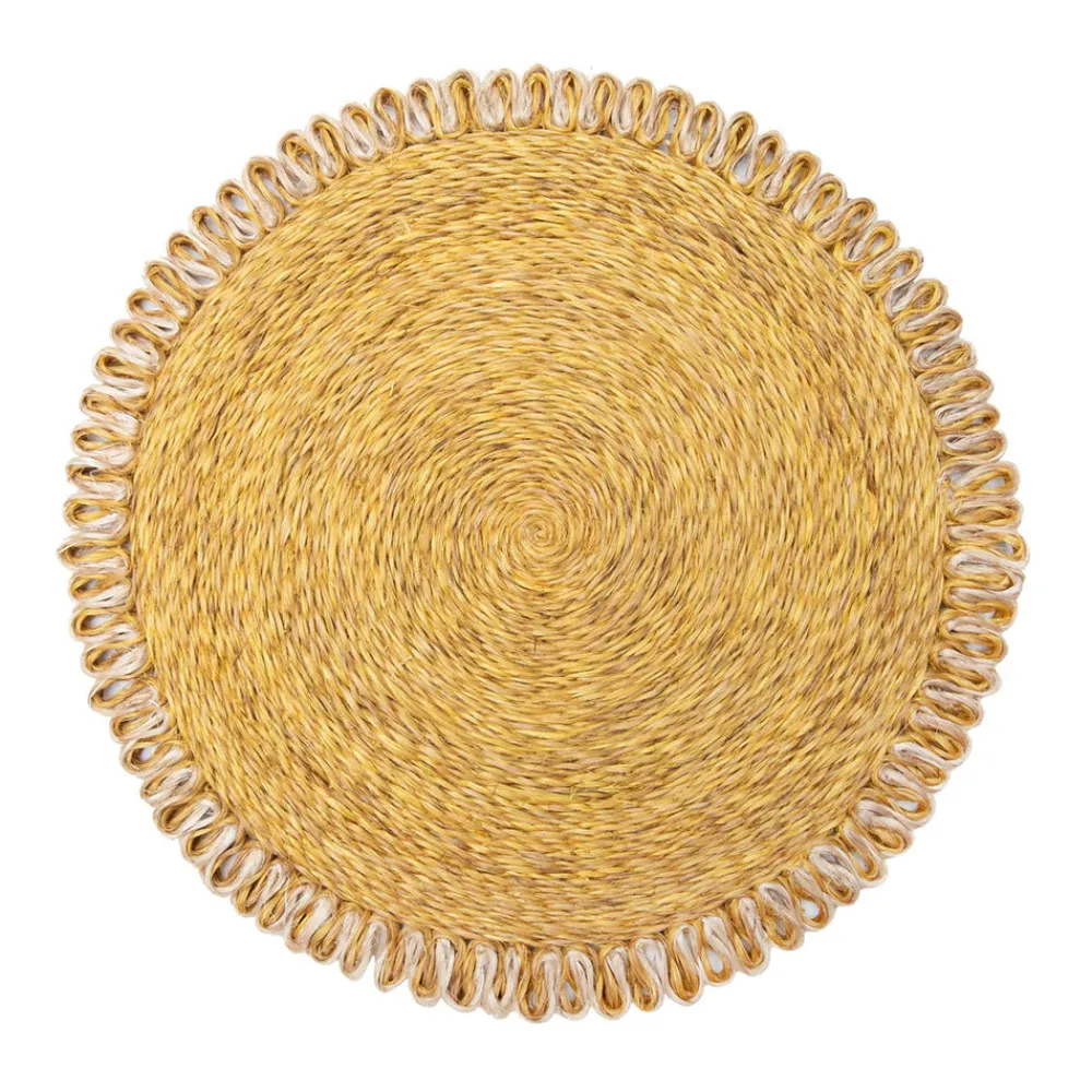 Caravan Place Settings & Linens|Loopy Abaca 15" Round Placemat in Mustard & Natural, Set of 4