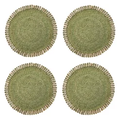 Caravan Place Settings & Linens|Loopy Abaca 15" Round Placemat in Olive Green & Natural, Set of 4