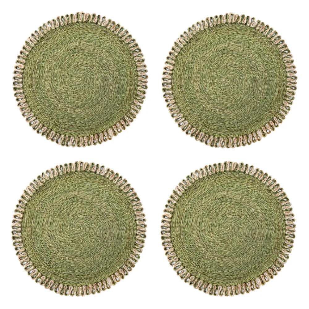 Caravan Place Settings & Linens|Loopy Abaca 15" Round Placemat in Olive Green & Natural, Set of 4