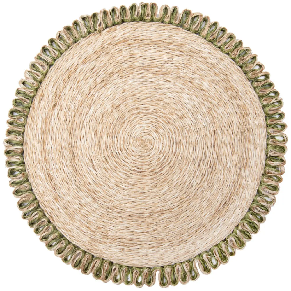Caravan Place Settings & Linens|Loopy Abaca 15" Round Placemat in Natural & Olive Green, Set of 4