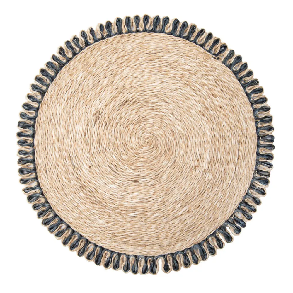 Caravan Place Settings & Linens|Loopy Abaca 15" Round Placemat in Natural & Navy, Set of 4