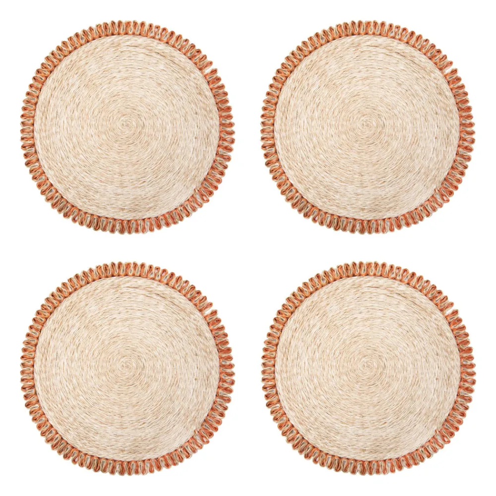Caravan Place Settings & Linens|Loopy Abaca 15" Round Placemat in Natural & Navy, Set of 4