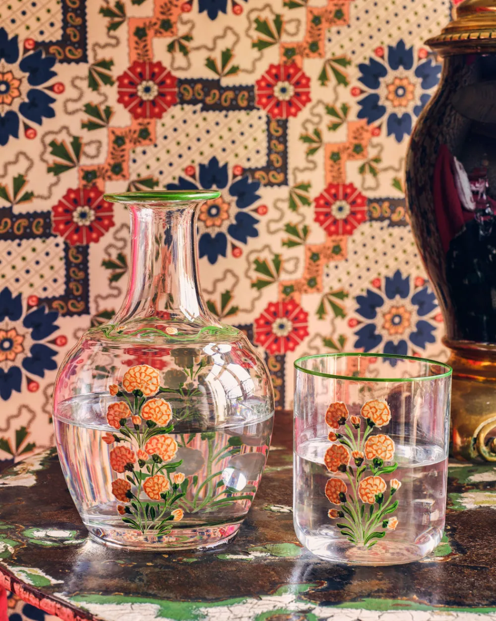 Cabana Glassware|Murano Marigold Hand-Painted Bedside Set