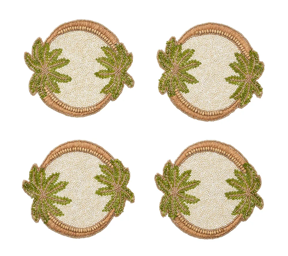 Kim Seybert Place Settings & Linens|Oasis Coasters in Ivory, Green & Gold, Set of 4 in a Gift Bag